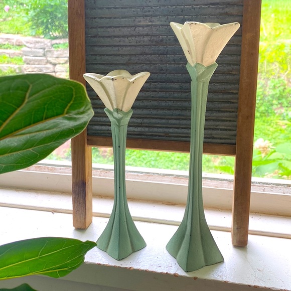 Vintage Painted Cast Iron Candlestick Holders